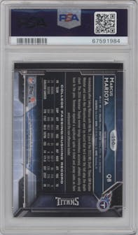 Marcus Mariota from the 2015 Topps Chrome set featuring a Pulsar Refractor parallel graded by PSA and given an overall grade of 10.