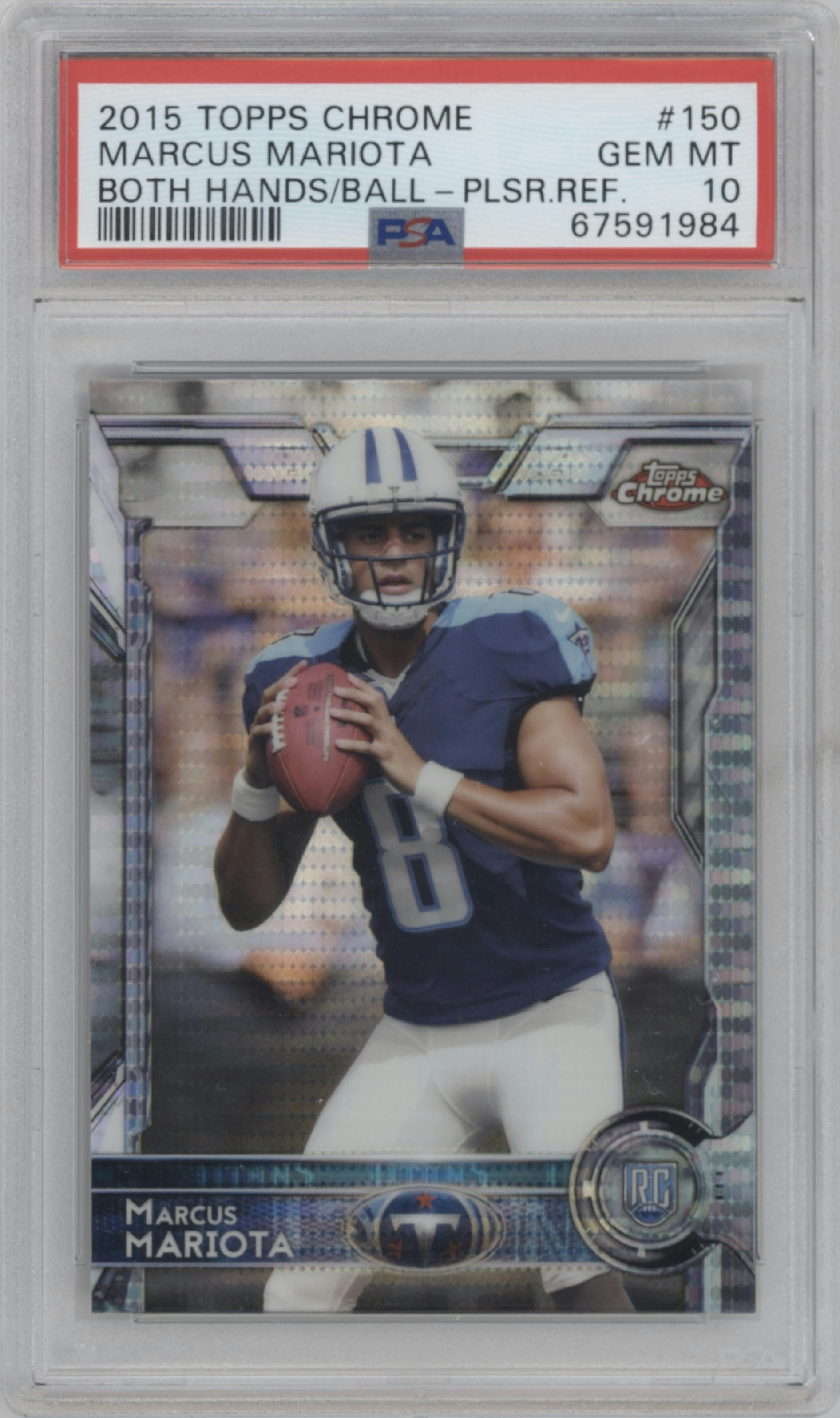 Marcus Mariota from the 2015 Topps Chrome set featuring a Pulsar Refractor parallel graded by PSA and given an overall grade of 10.