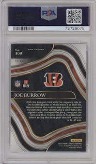 Joe Burrow from the 2021 Panini Select set featuring a Silver Prizm parallel graded by PSA and given an overall grade of 10.