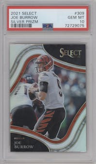Joe Burrow from the 2021 Panini Select set featuring a Silver Prizm parallel graded by PSA and given an overall grade of 10.