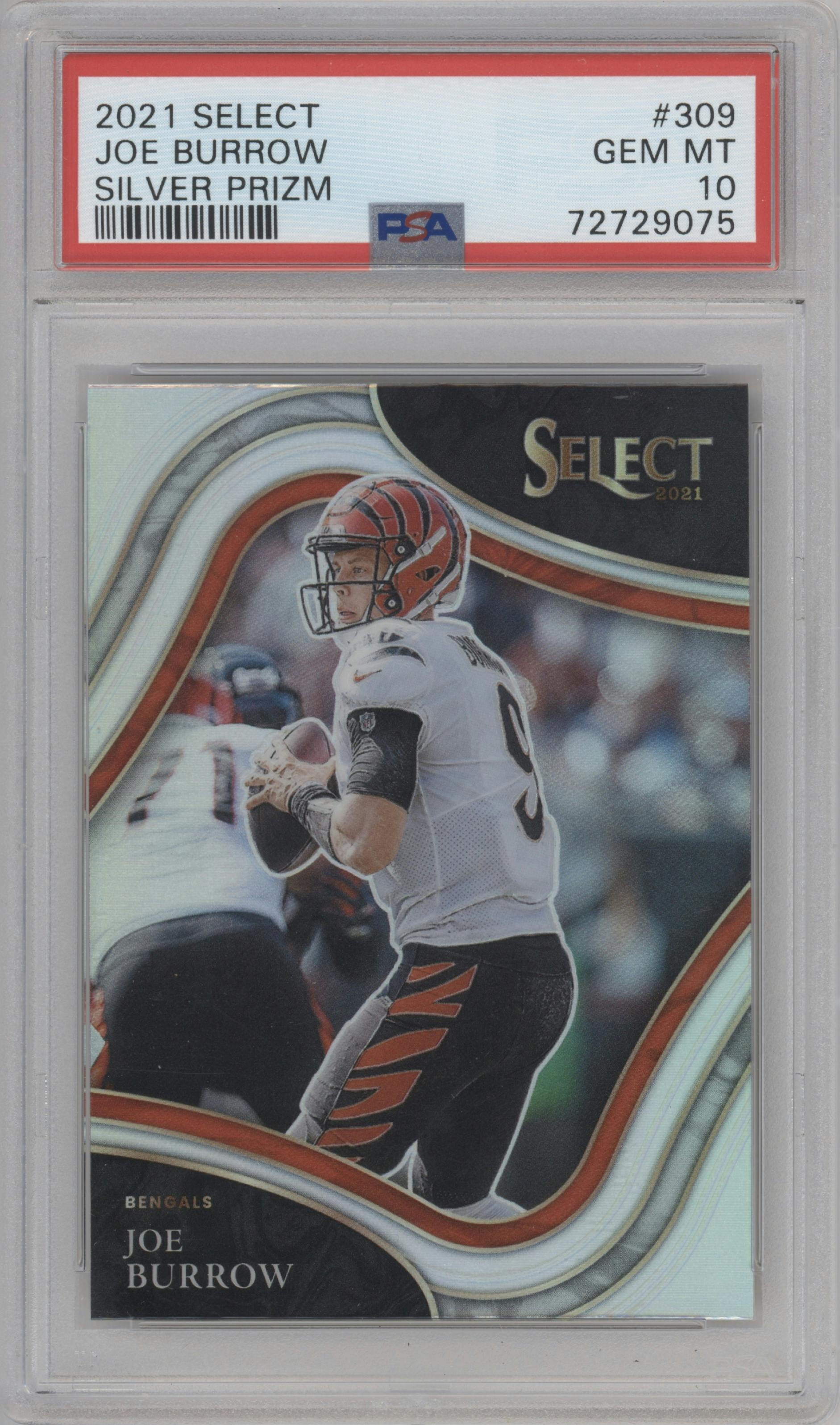 Joe Burrow from the 2021 Panini Select set featuring a Silver Prizm parallel graded by PSA and given an overall grade of 10.