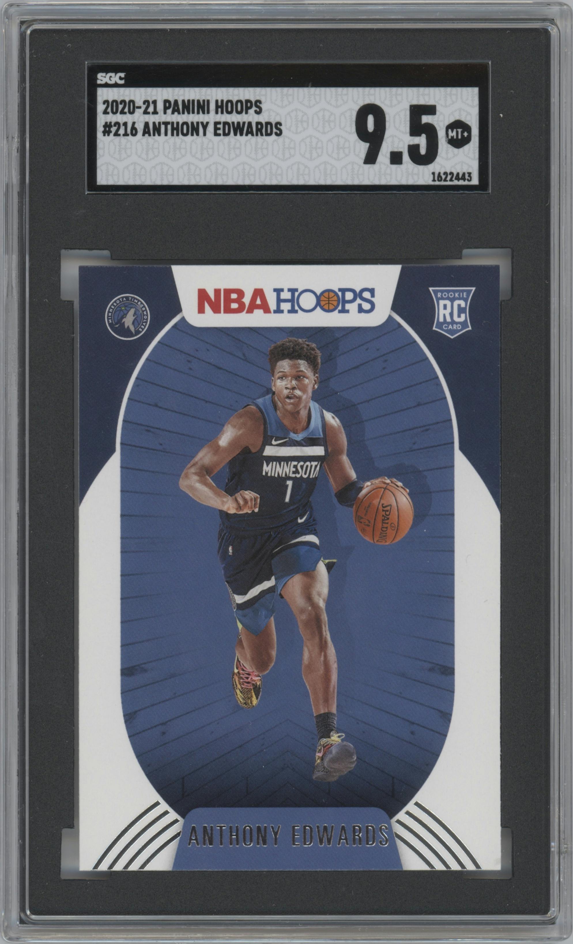 Anthony Edwards from the 2020-21 Panini NBA Hoops set graded by SGC and given an overall grade of 9.5.