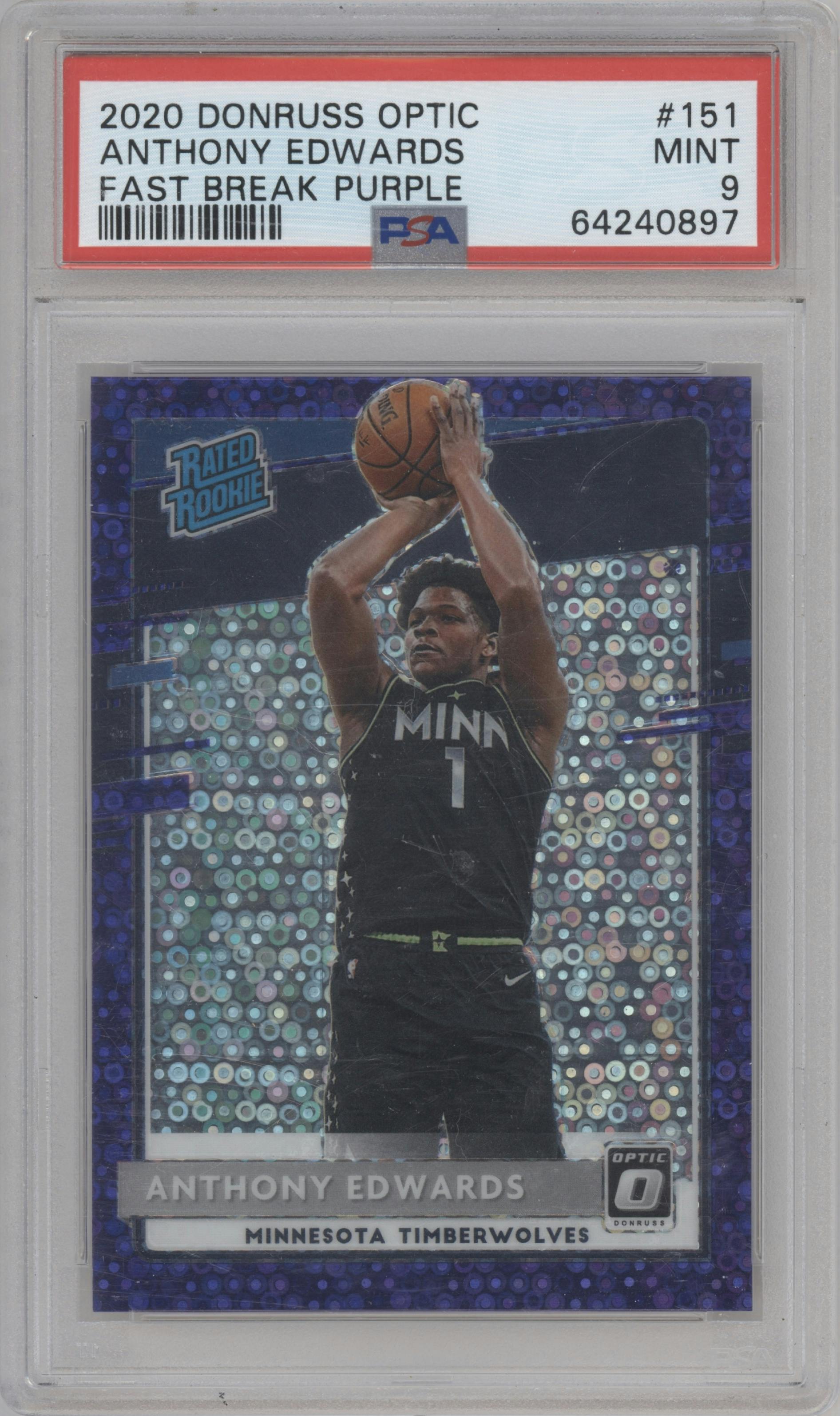 Anthony Edwards from the 2020-21 Panini Donruss Optic set featuring a Fast Break Purple parallel graded by PSA and given an overall grade of 9.