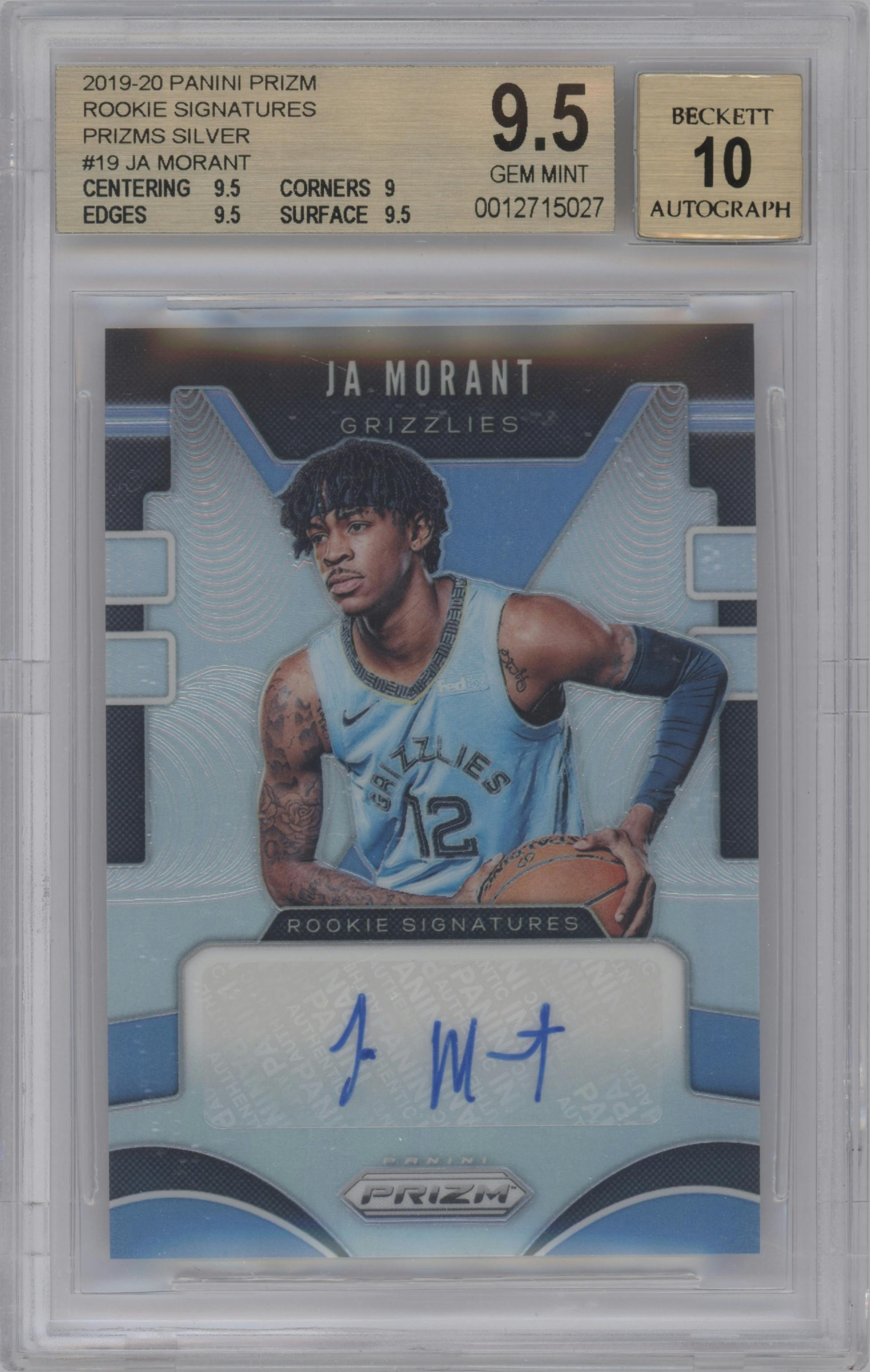 Ja Morant from the 2019-20 Panini Prizm set featuring a Silver Prizm parallel graded by Beckett and given an overall grade of 9.5.