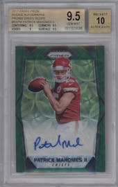 Patrick Mahomes II from the 2017 Panini Prizm set featuring a Green Scope parallel graded by Beckett and given an overall grade of 9.5.