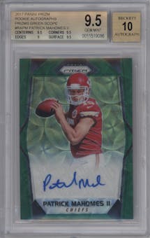 Patrick Mahomes II from the 2017 Panini Prizm set featuring a Green Scope parallel graded by Beckett and given an overall grade of 9.5.