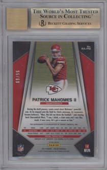 Patrick Mahomes II from the 2017 Panini Prizm set featuring a Green Scope parallel graded by Beckett and given an overall grade of 9.5.
