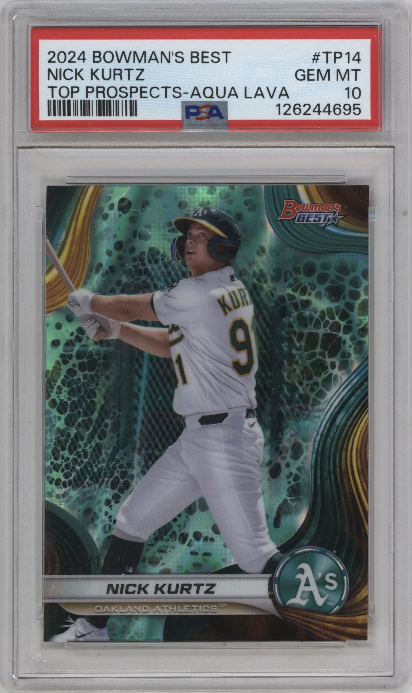 2024 Bowman's Best Top Prospects Nick Kurtz Aqua Lava Refractor #TP-14 PSA 10
