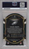 Jalen Hurts from the 2020 Panini Select set featuring a Die-Cut Maroon parallel graded by PSA and given an overall grade of 9.