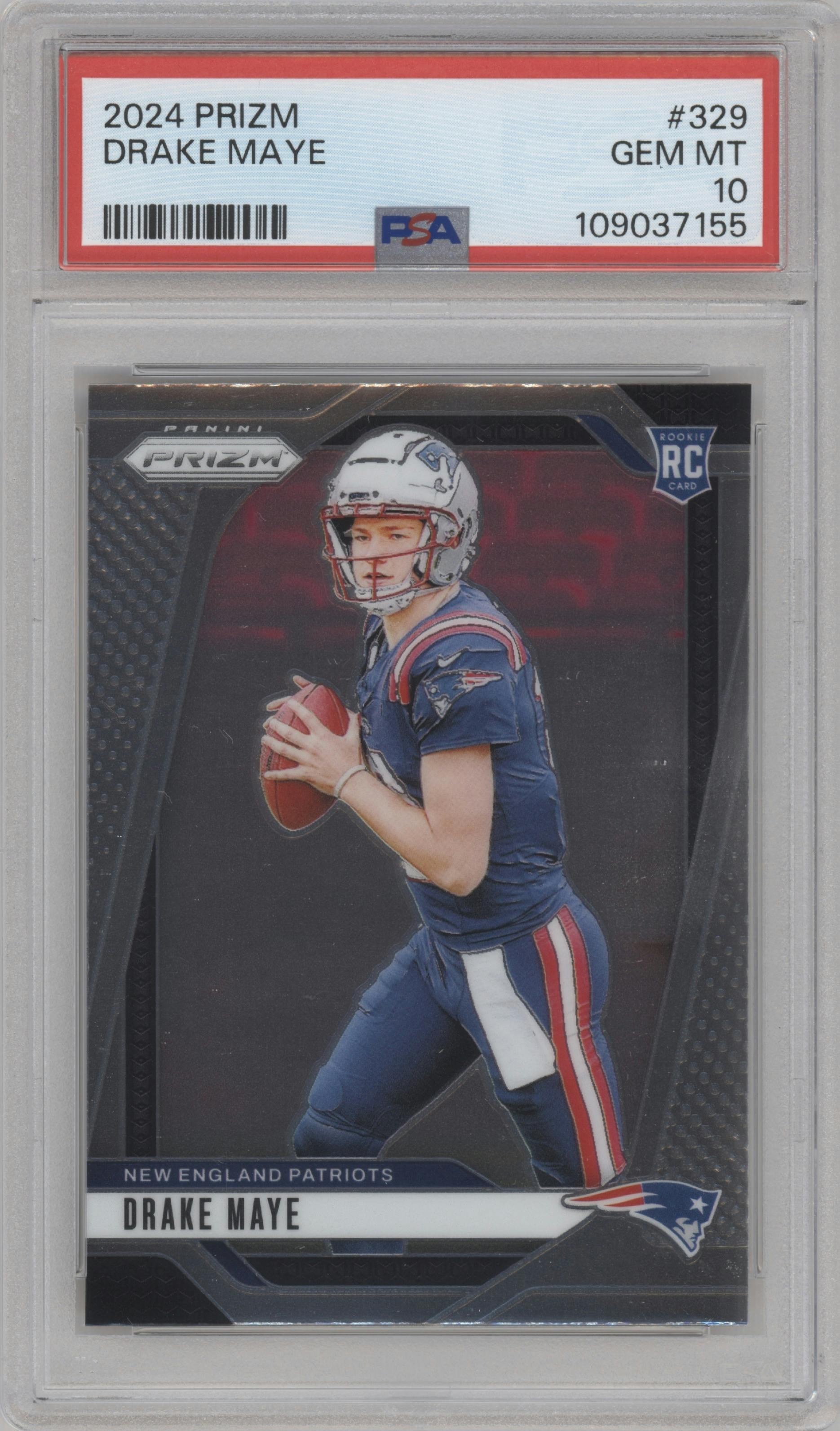 Drake Maye from the 2024 Panini Prizm set graded by PSA and given an overall grade of 10.