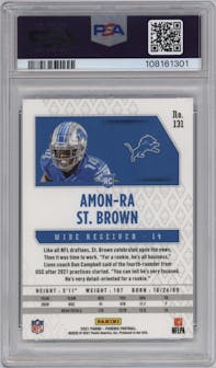Amon-Ra St. Brown from the 2021 Panini Phoenix set featuring a Silver Lazer parallel graded by PSA and given an overall grade of 10.