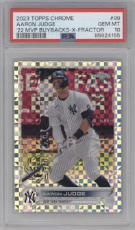 Aaron Judge from the 2023 Topps Chrome set featuring a X-Fractor parallel graded by PSA and given an overall grade of 10.
