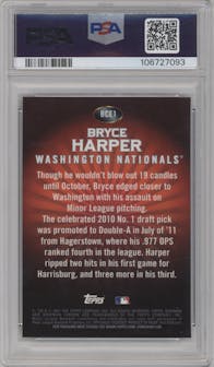 Bryce Harper from the 2011 Bowman set featuring a Retail Exclusive Red parallel graded by PSA and given an overall grade of 10.