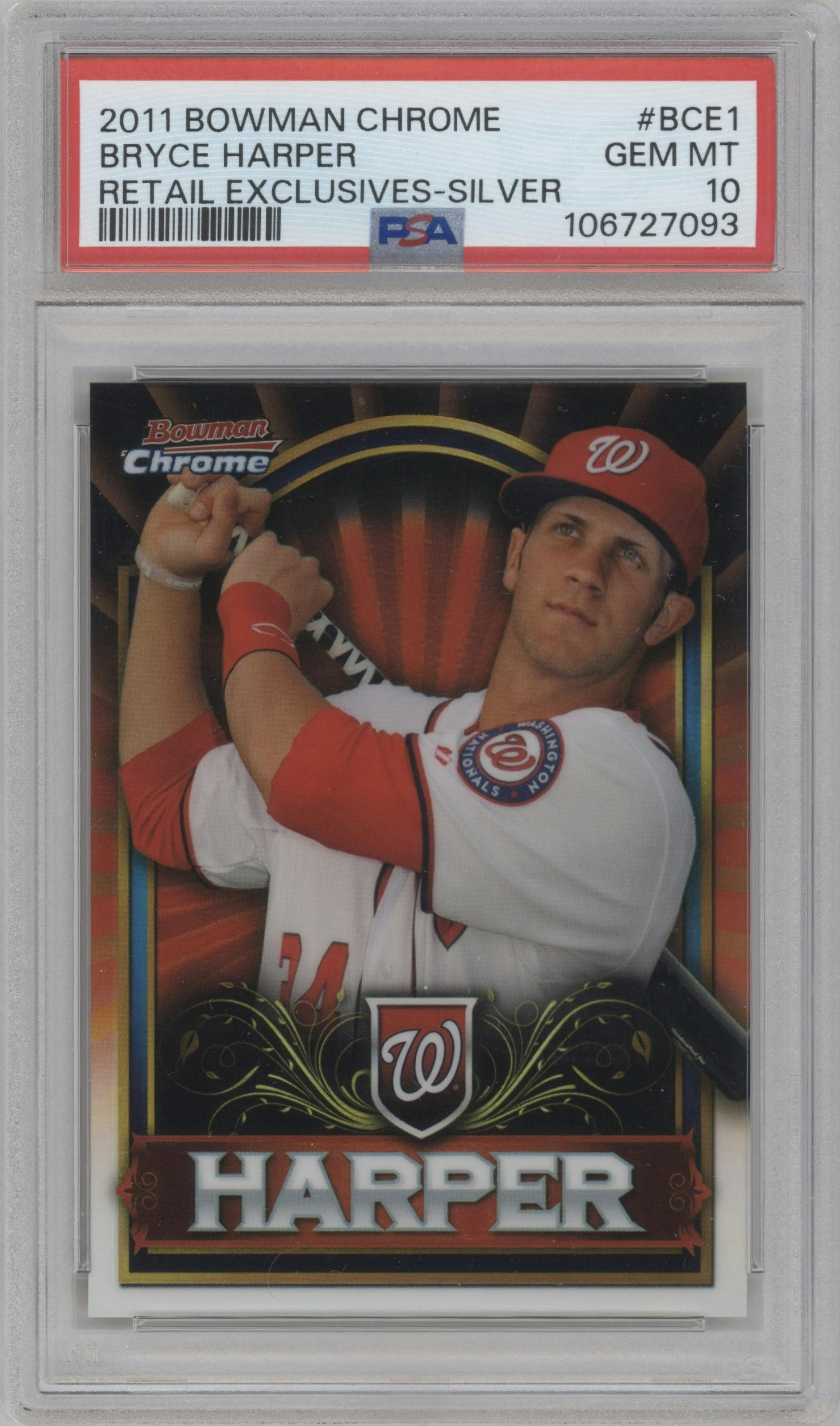 Bryce Harper from the 2011 Bowman set featuring a Retail Exclusive Red parallel graded by PSA and given an overall grade of 10.