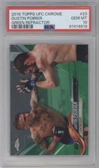 Dustin Poirier from the 2018 Topps UFC Chrome  set featuring a Green Refractor  parallel graded by PSA and given an overall grade of 10.