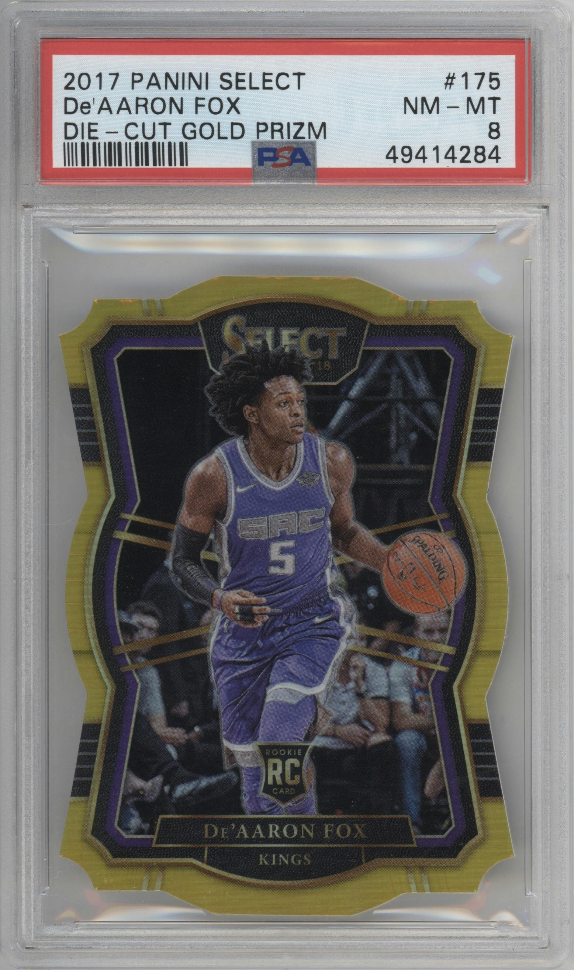 De'Aaron Fox from the 2017-18 Panini Select set featuring a Die-Cut Gold parallel graded by PSA and given an overall grade of 8.