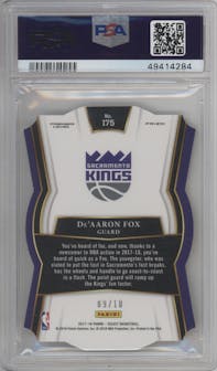 De'Aaron Fox from the 2017-18 Panini Select set featuring a Die-Cut Gold parallel graded by PSA and given an overall grade of 8.