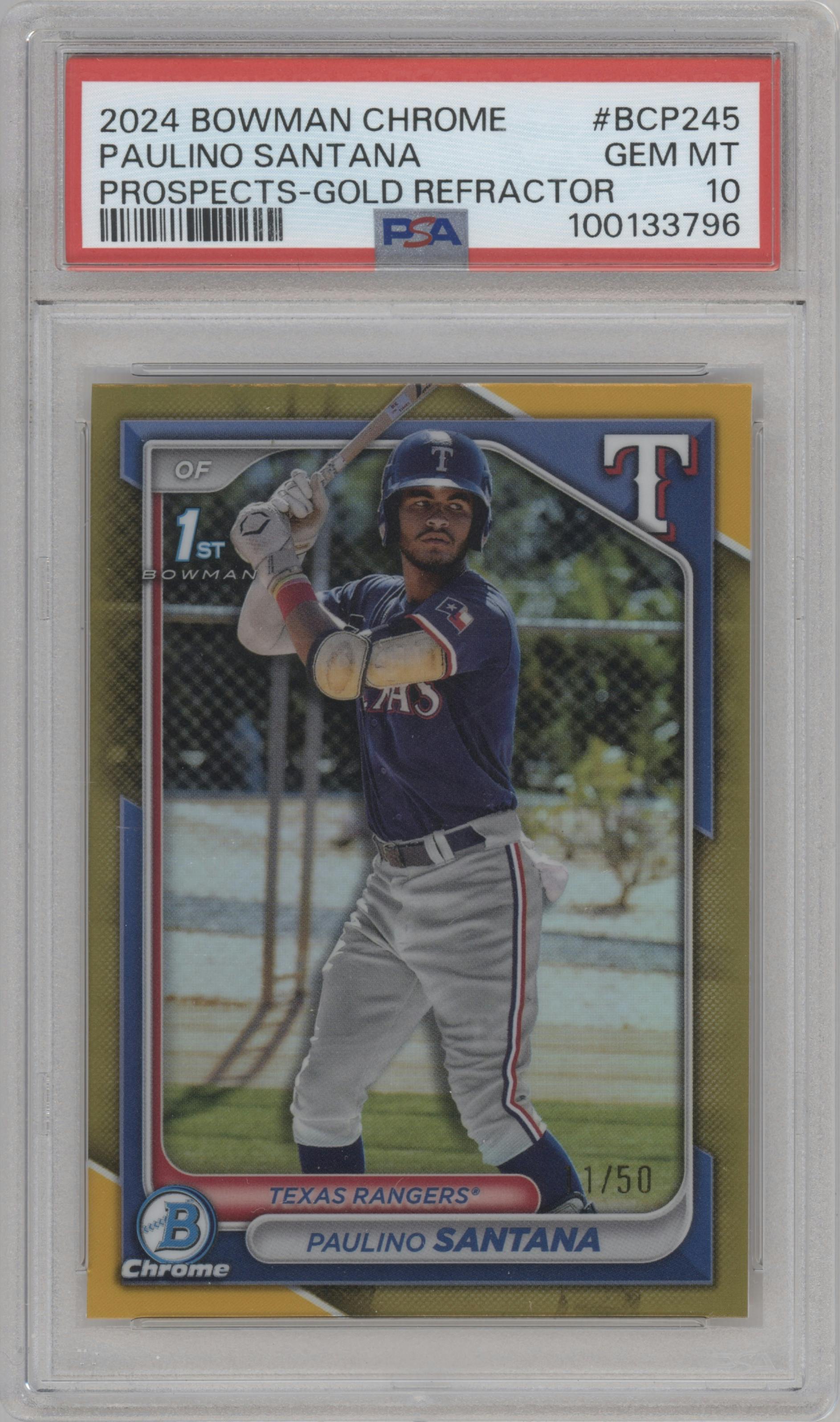 Paulino Santana from the 2024 Bowman Chrome set featuring a Gold Refractor parallel graded by PSA and given an overall grade of 10.