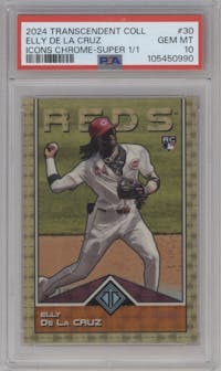 Elly De La Cruz from the 2024 Topps Transcendent Collection set featuring a SuperFractor parallel graded by PSA and given an overall grade of 10.