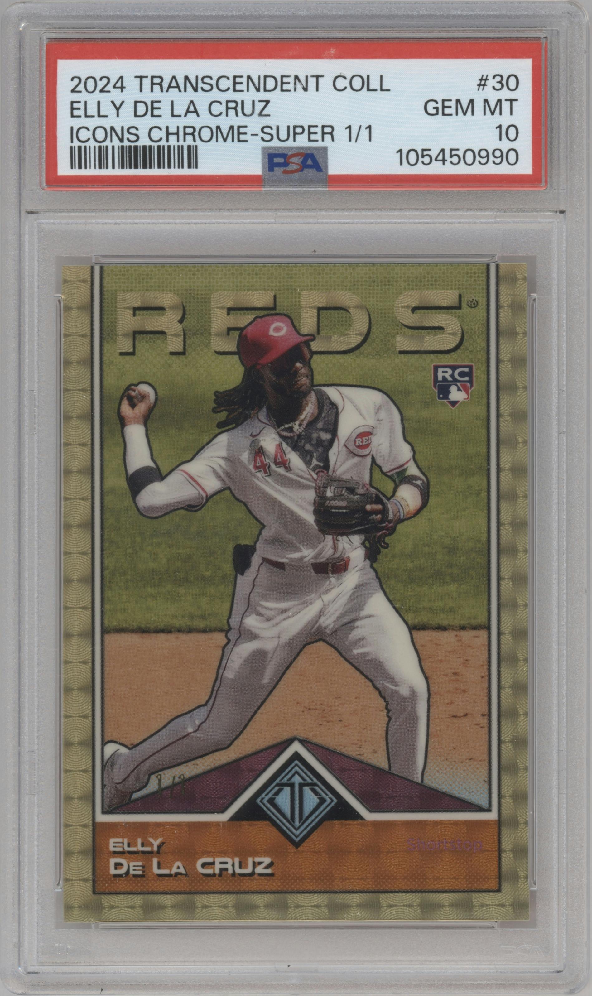 Elly De La Cruz from the 2024 Topps Transcendent Collection set featuring a SuperFractor parallel graded by PSA and given an overall grade of 10.