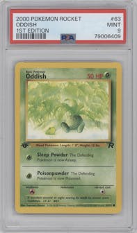 Oddish from the 2000 Pokemon set graded by PSA and given an overall grade of 9.