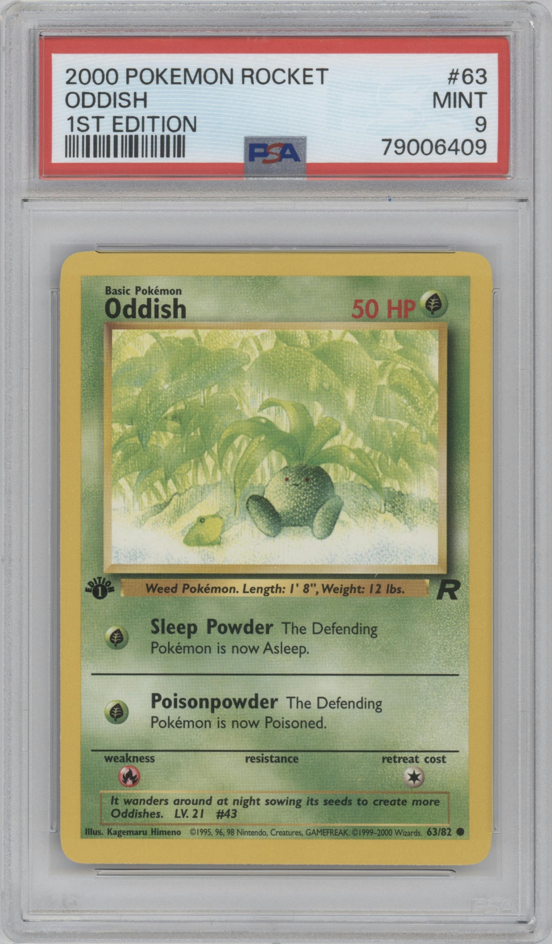 Oddish from the 2000 Pokemon set graded by PSA and given an overall grade of 9.