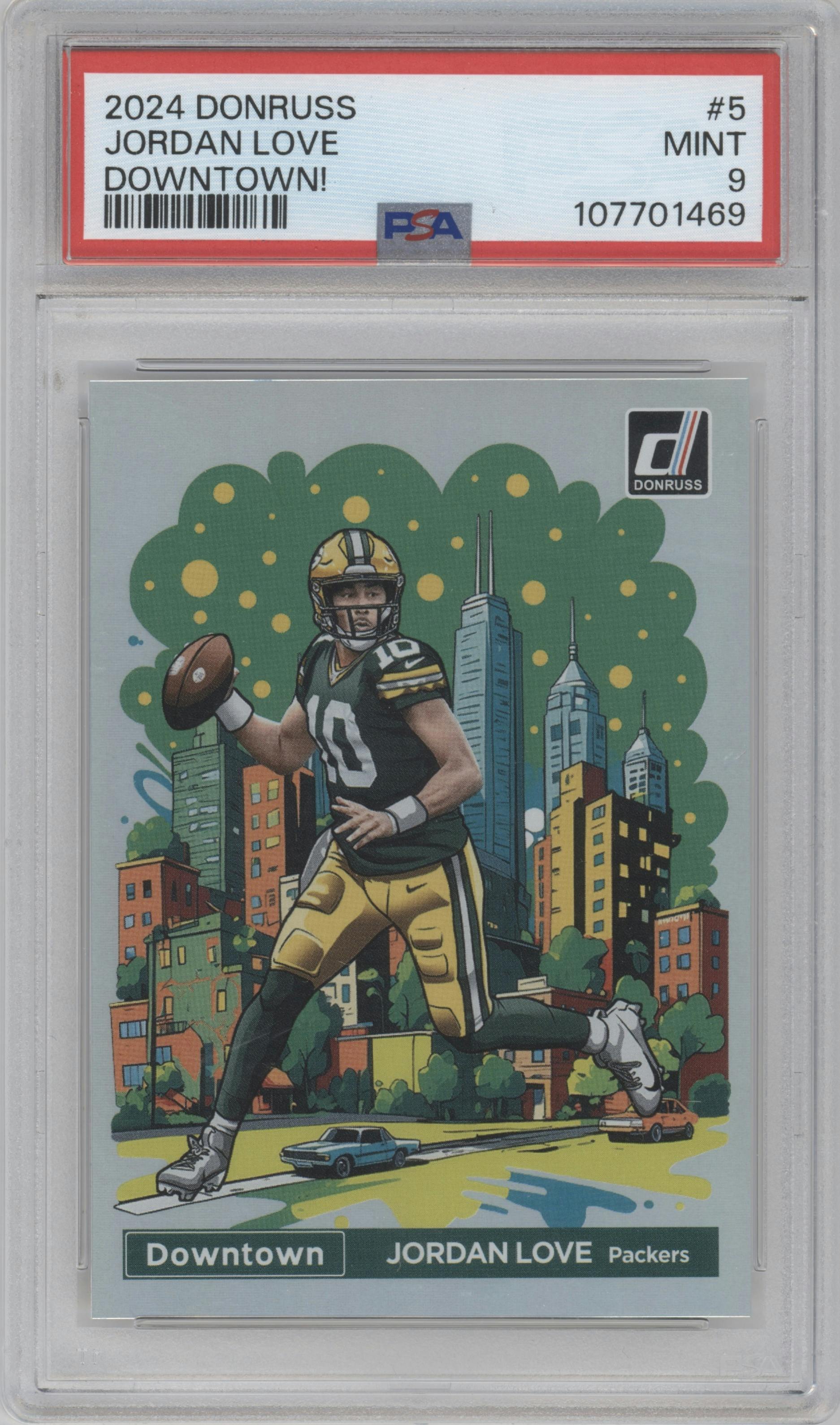 Jordan Love from the 2024 Donruss set graded by PSA and given an overall grade of 9.