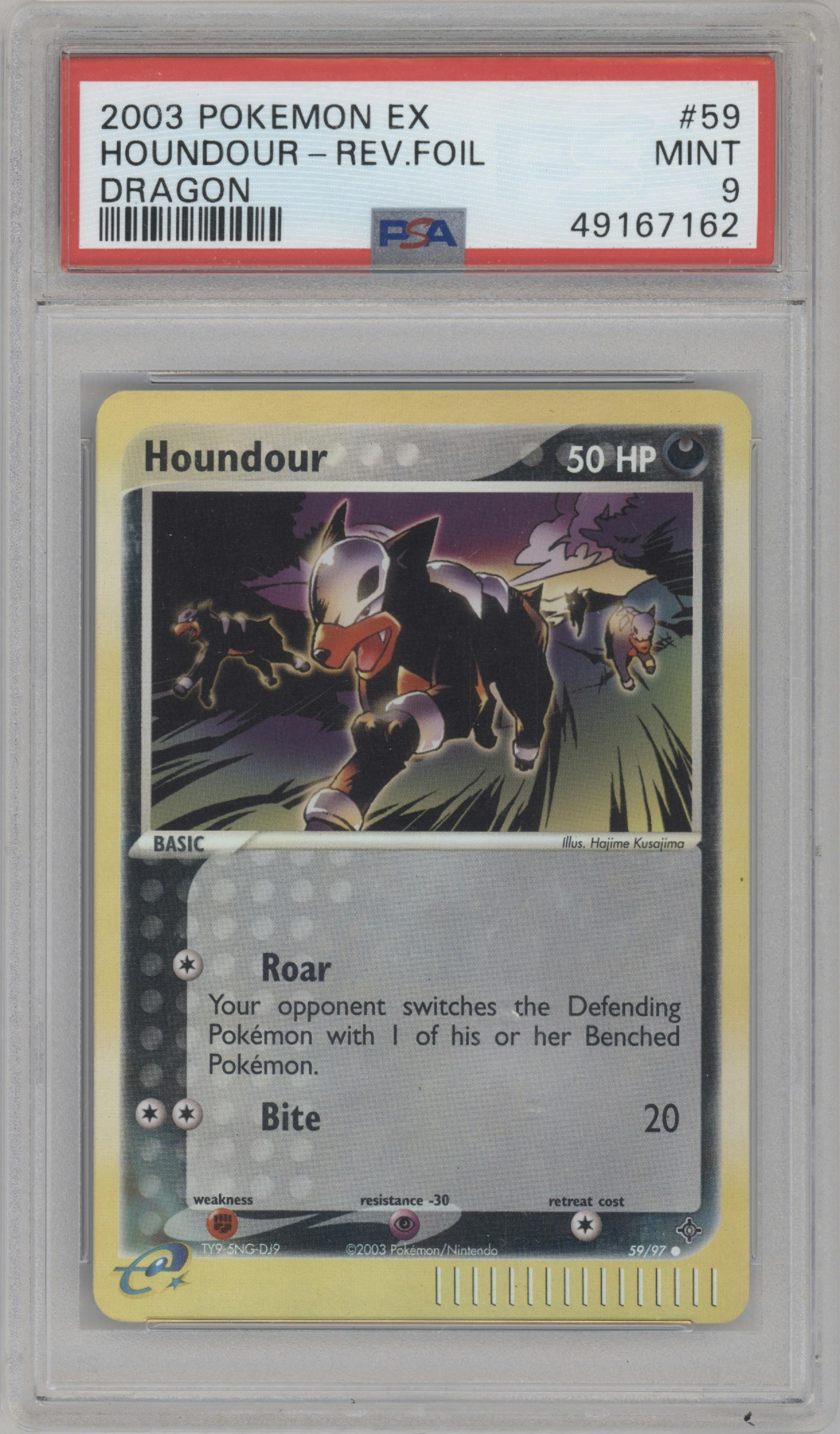 Houndour from the 2003 Pokemon EX set graded by PSA and given an overall grade of 9.