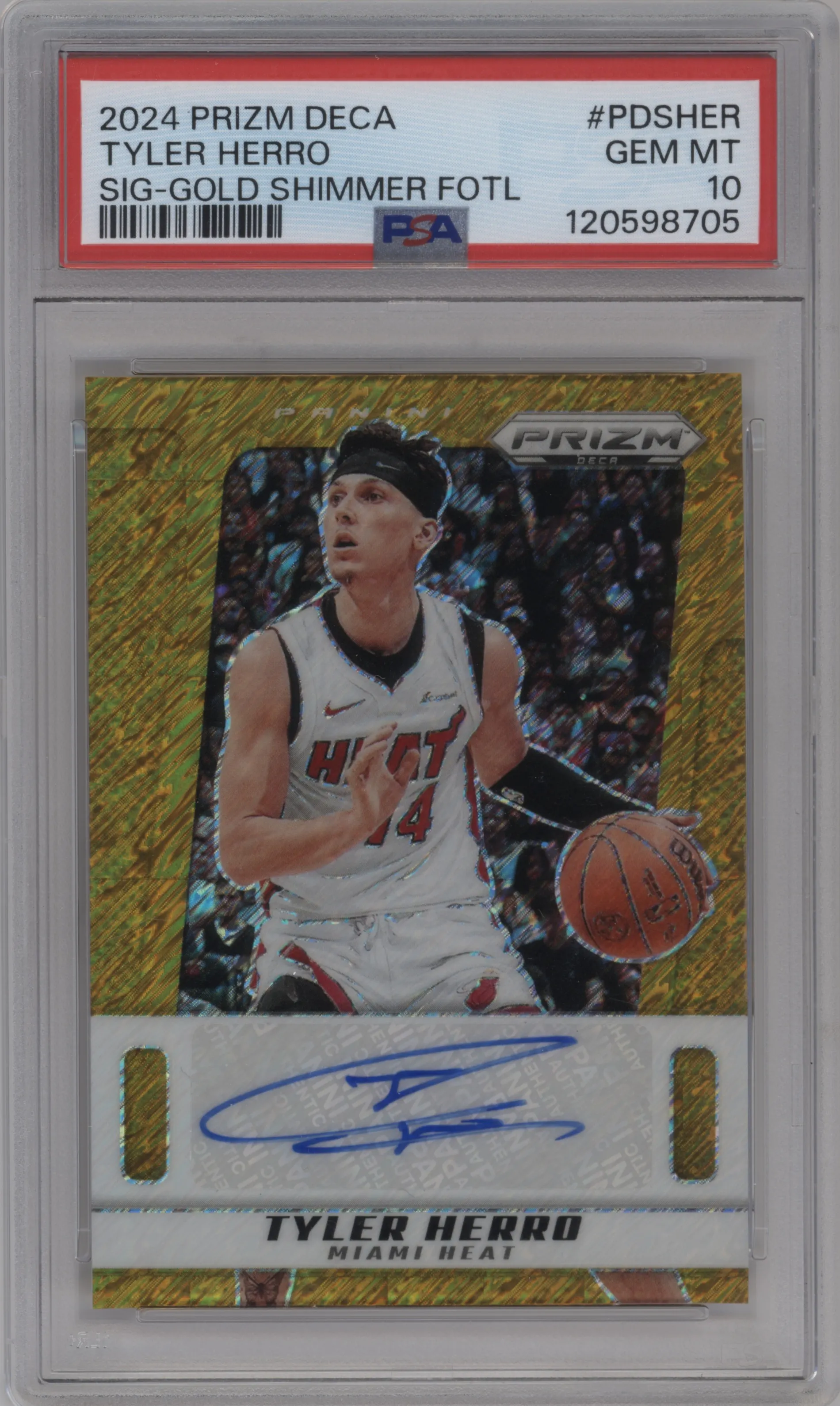 2024 Panini Prizm Deca Sig. Tyler Herro Gold Shimmer FOTL #PDS-HER PSA 10