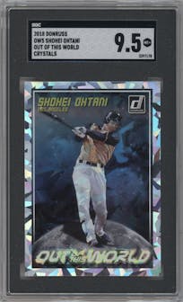 Shohei Ohtani from the 2018 Panini Donruss set featuring a Crystals parallel graded by SGC and given an overall grade of 9.5.