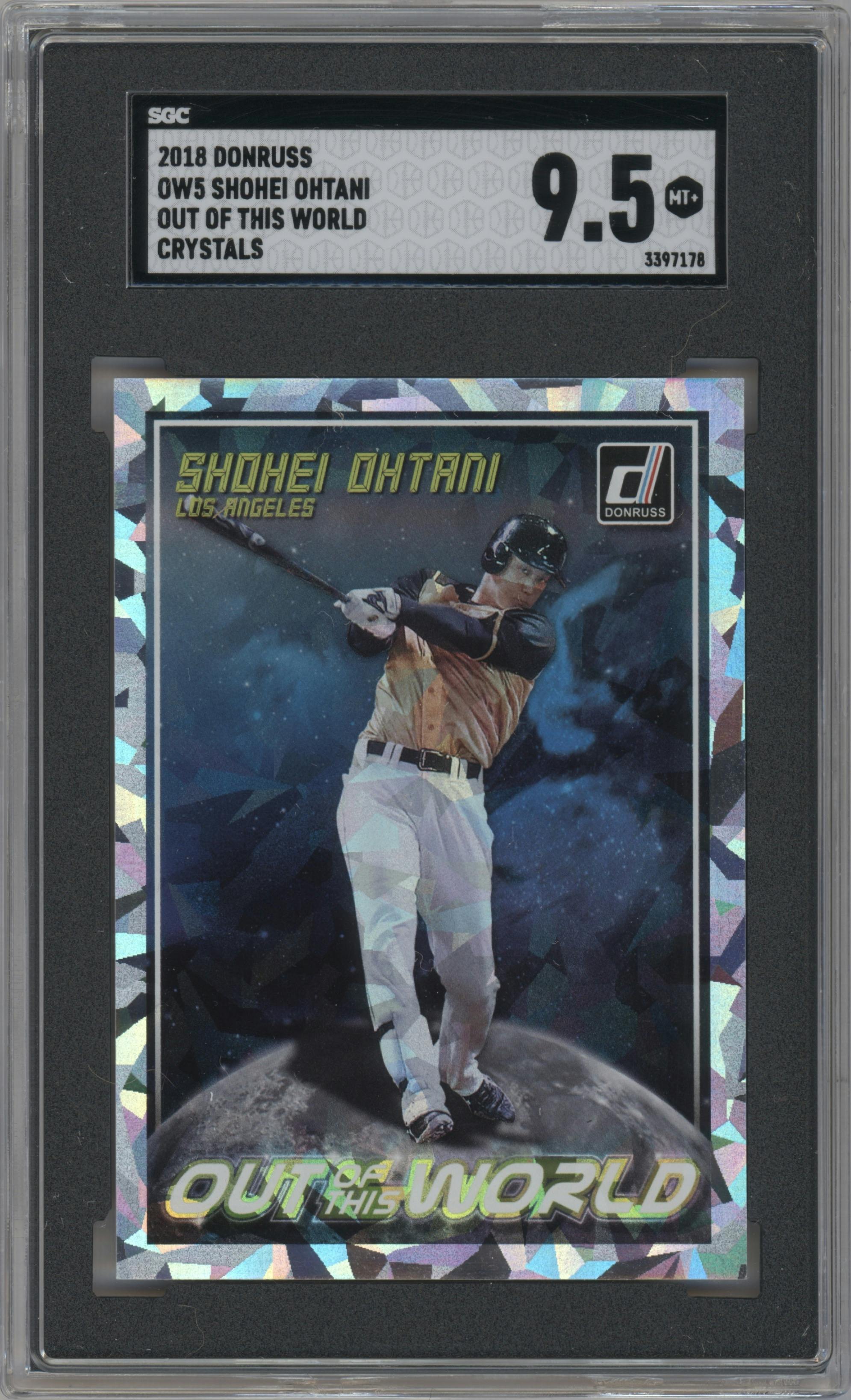 Shohei Ohtani from the 2018 Panini Donruss set featuring a Crystals parallel graded by SGC and given an overall grade of 9.5.
