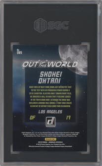 Shohei Ohtani from the 2018 Panini Donruss set featuring a Crystals parallel graded by SGC and given an overall grade of 9.5.
