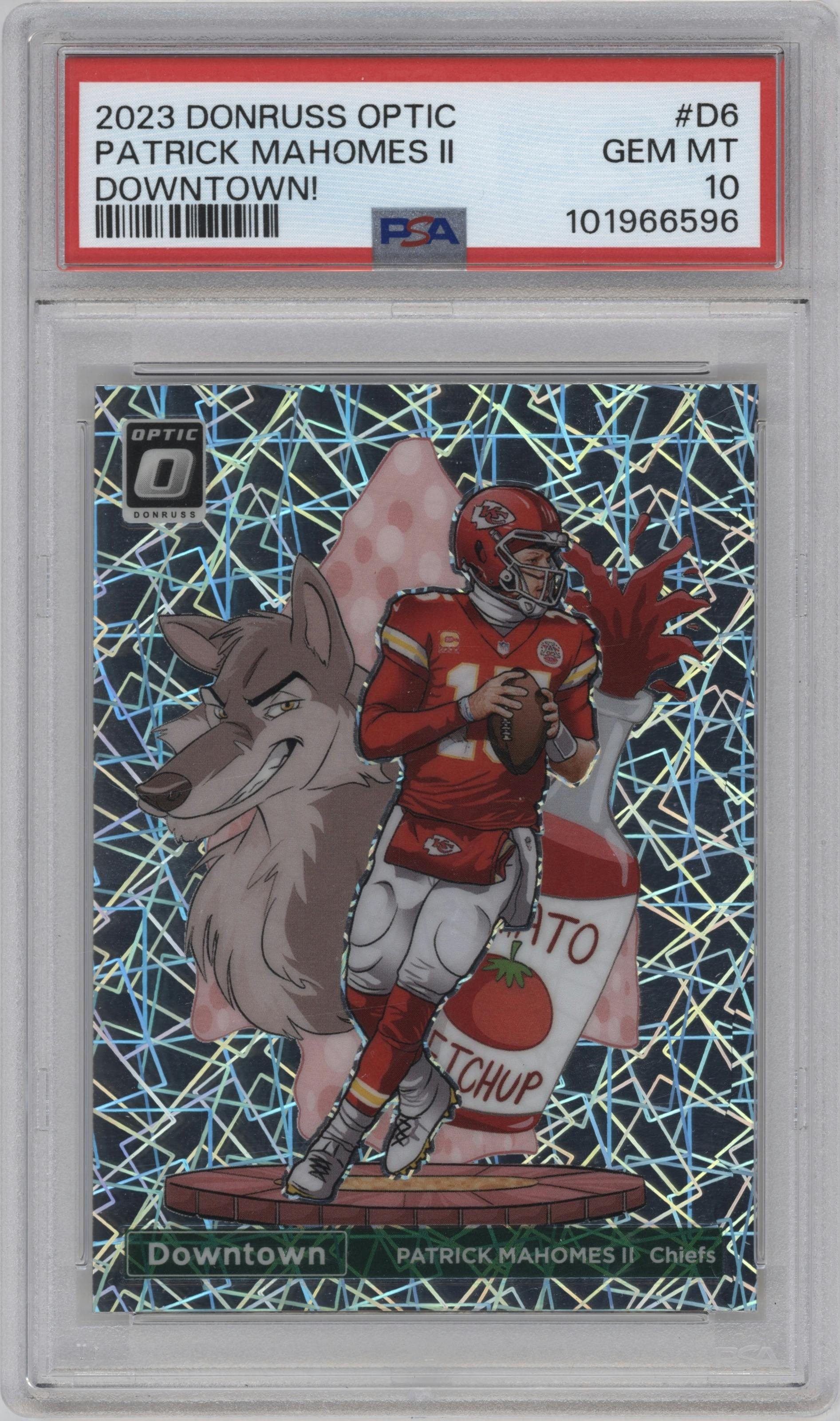 Patrick Mahomes II from the 2023 Donruss Optic set graded by PSA and given an overall grade of 10.