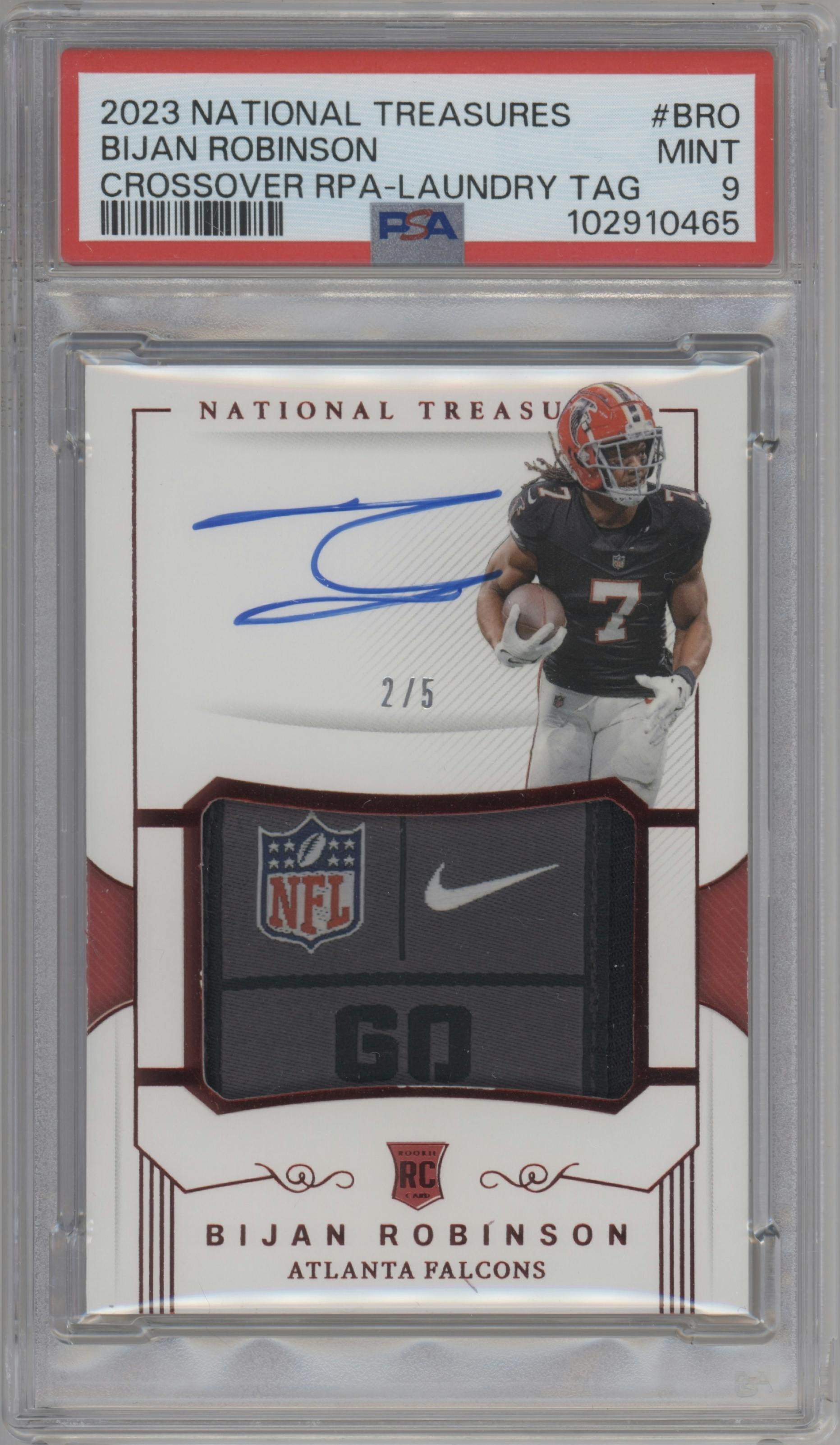 Bijan Robinson from the 2023 Panini National Treasures set featuring a Laundry Tag parallel graded by PSA and given an overall grade of 9.