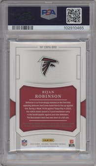 Bijan Robinson from the 2023 Panini National Treasures set featuring a Laundry Tag parallel graded by PSA and given an overall grade of 9.