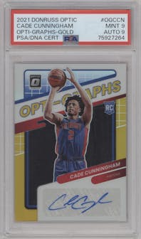 Cade Cunningham from the 2021-22 Panini Donruss Optic set featuring a Gold parallel graded by PSA and given an overall grade of 9.
