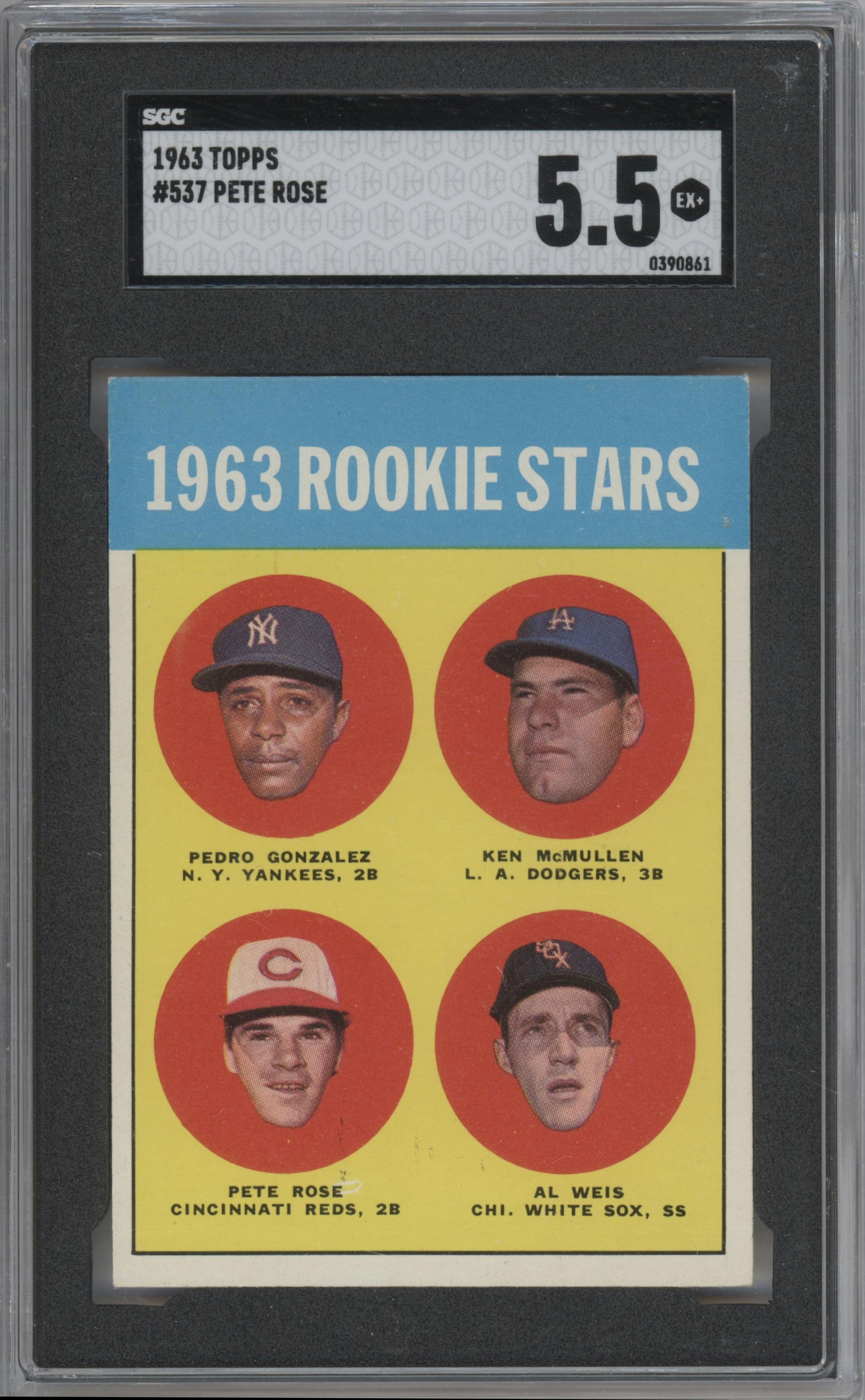Pedro Gonzalez/Ken McMullen/Pete Rose/Al Weis from the 1963 Topps set graded by SGC and given an overall grade of 5.5.