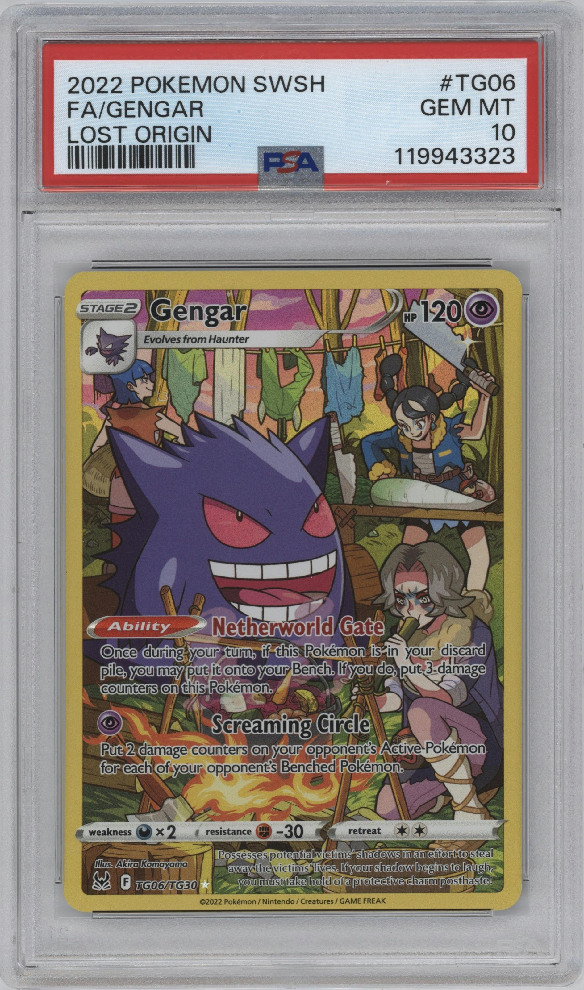 Gengar from the 2022 Pokemon SWSH set graded by PSA and given an overall grade of 10.