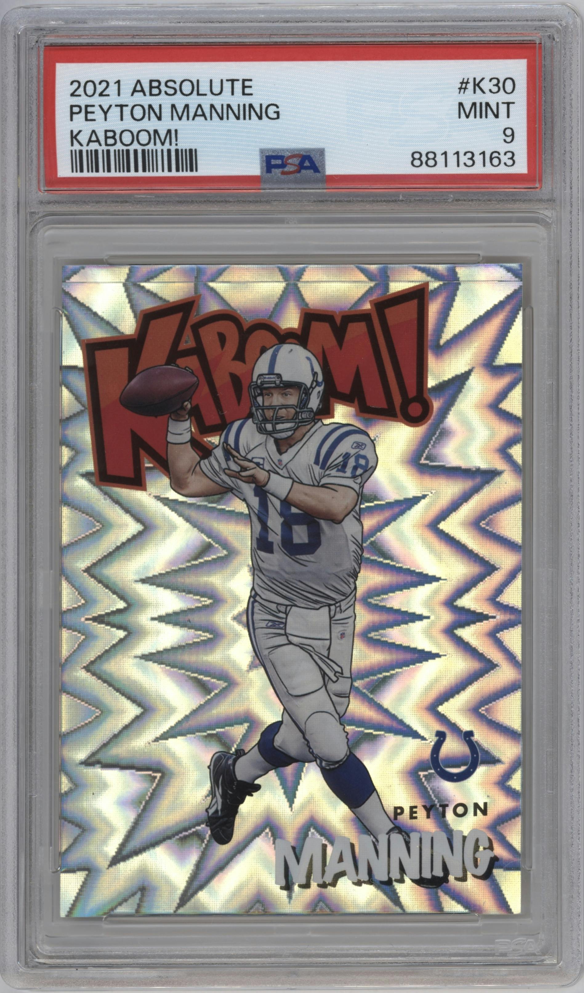 Peyton Manning from the 2021 Panini Absolute set graded by PSA and given an overall grade of 9.