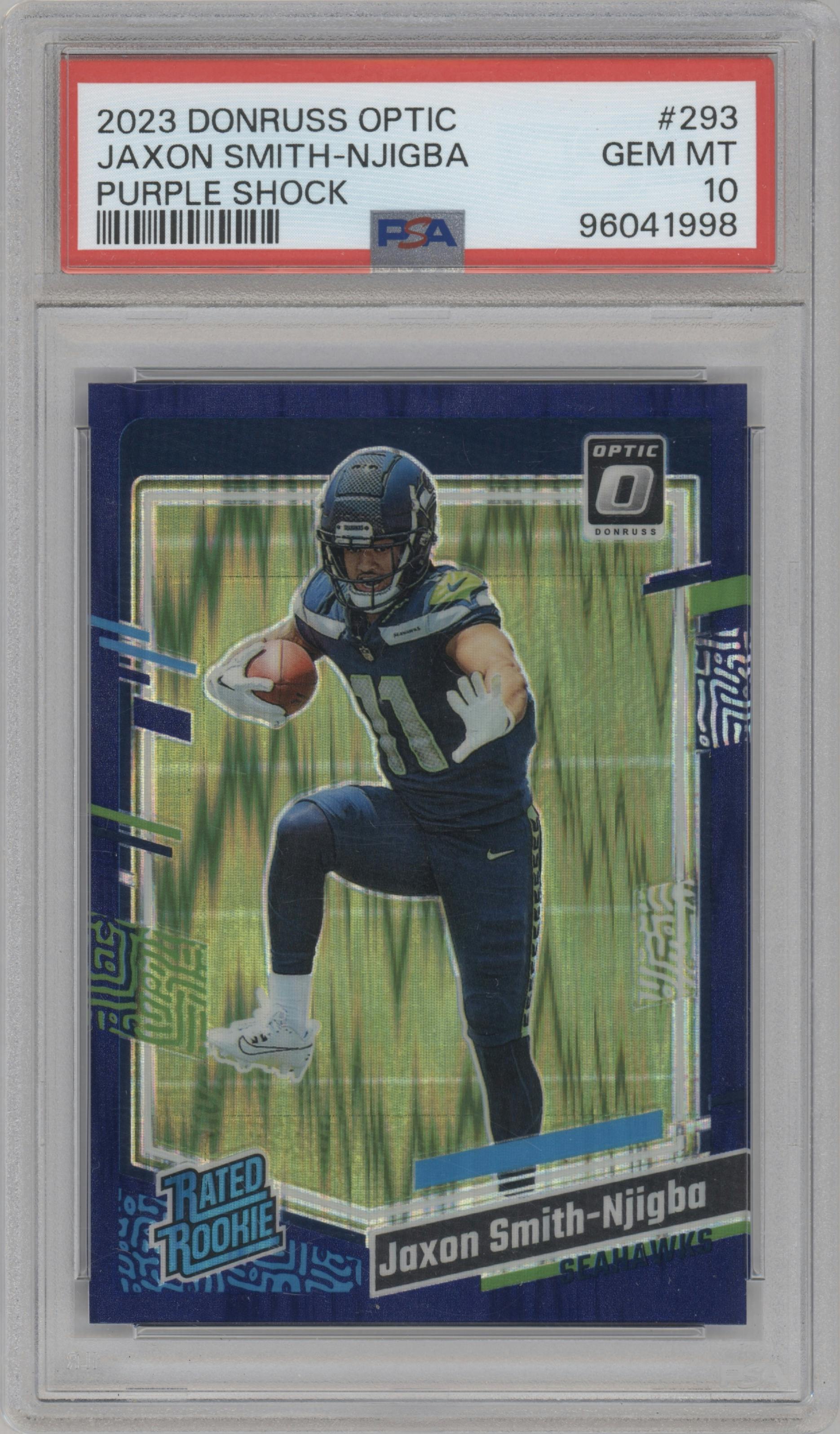 Jaxon Smith-Njigba from the 2023 Donruss Optic set featuring a  Purple Shock parallel graded by PSA and given an overall grade of 10.