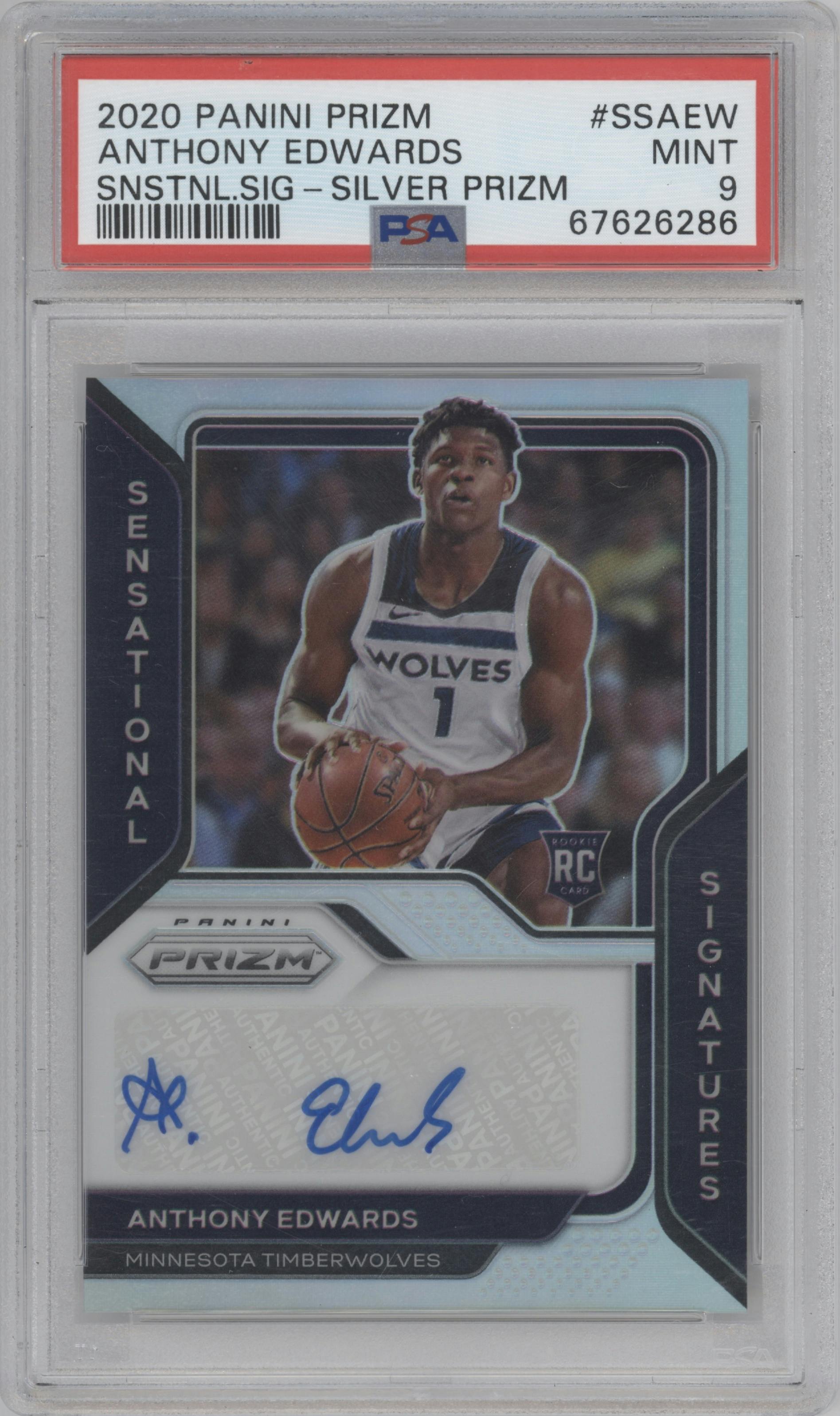 Anthony Edwards from the 2020-21 Panini Prizm set featuring a Silver Prizm parallel graded by PSA and given an overall grade of 9.
