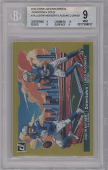 Justin Herbert/Ladd McConkey from the 2024 Donruss set featuring a Gold parallel graded by Beckett and given an overall grade of 9.