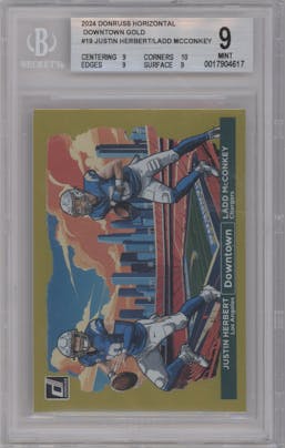 Justin Herbert/Ladd McConkey from the 2024 Donruss set featuring a Gold parallel graded by Beckett and given an overall grade of 9.