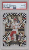 Patrick Mahomes II from the 2023 Panini Select set featuring a Die-Cut Zebra Prizm parallel graded by PSA and given an overall grade of 10.