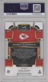 Patrick Mahomes II from the 2023 Panini Select set featuring a Die-Cut Zebra Prizm parallel graded by PSA and given an overall grade of 10.