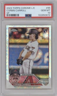 Corbin Carroll from the 2023 Topps Chrome Logofractor Edition set graded by PSA and given an overall grade of 10.