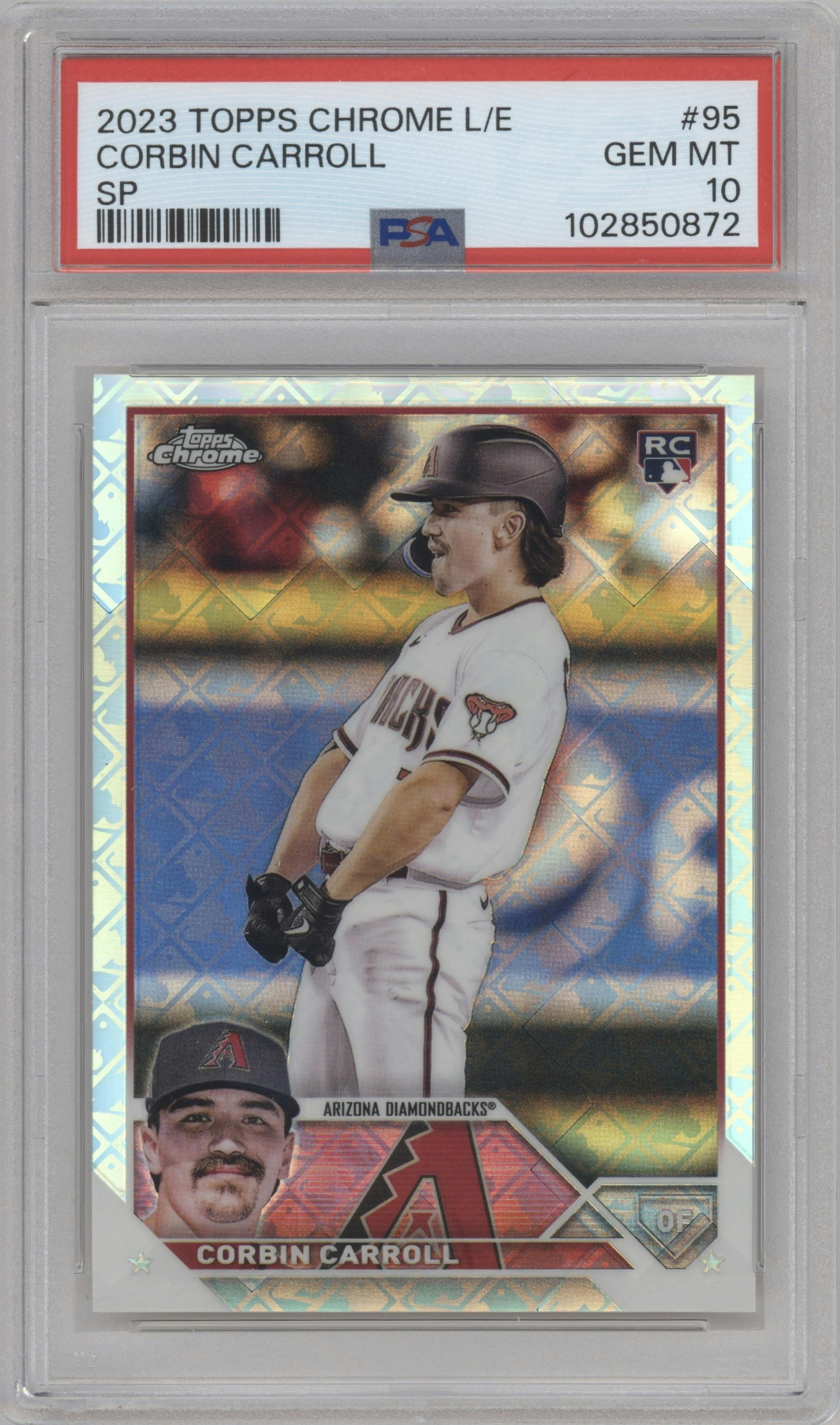 Corbin Carroll from the 2023 Topps Chrome Logofractor Edition set graded by PSA and given an overall grade of 10.