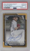 Hagen Smith from the 2024 Bowman Draft set featuring a Gold Wave Refractor parallel graded by PSA and given an overall grade of 10.