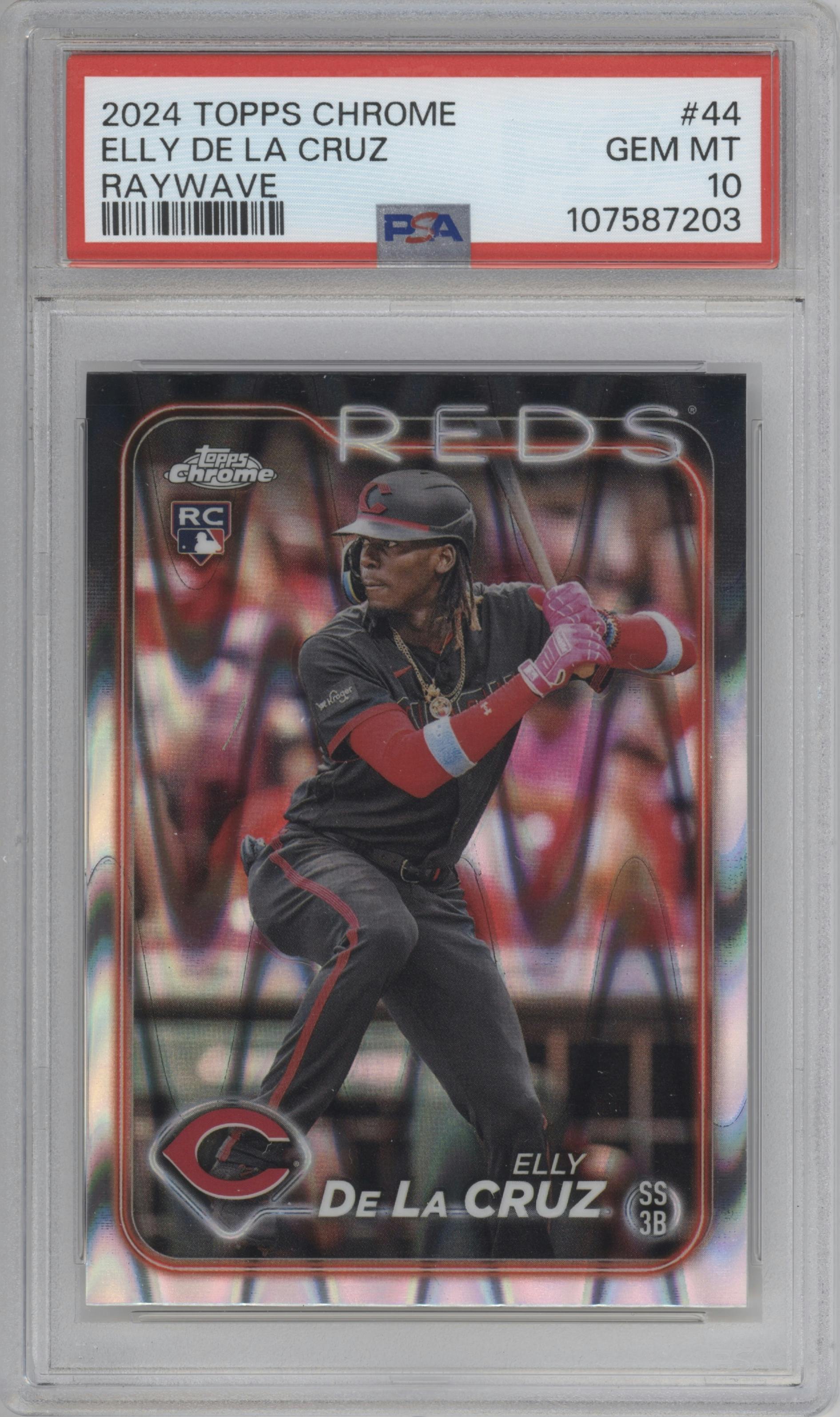 Elly De La Cruz from the 2024 Topps Chrome set featuring a Raywave Refractor parallel graded by PSA and given an overall grade of 10.