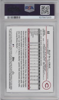 Elly De La Cruz from the 2024 Topps Chrome set featuring a Raywave Refractor parallel graded by PSA and given an overall grade of 10.